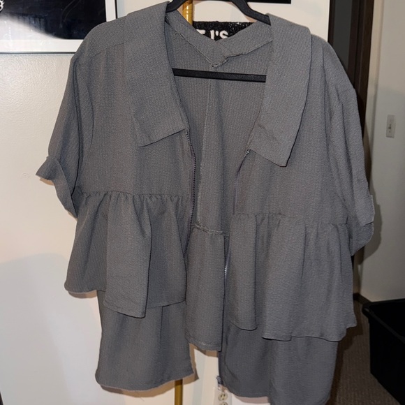 Gray Women's Zip Up Ruffled Top - Picture 5 of 6